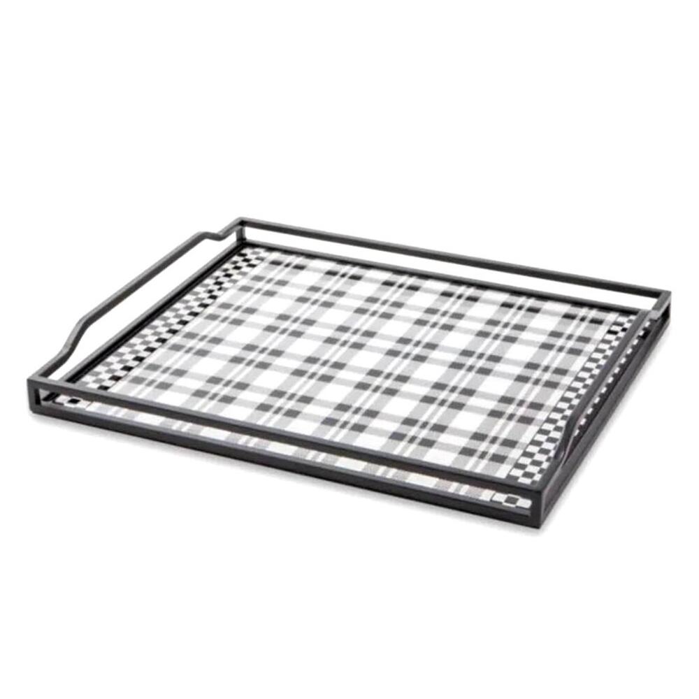 MACKENZIE-CHILDS Black & White Tartan Butler's Serving Tray with Handles NEW